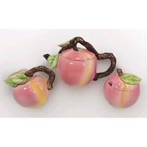 Russ Berrie & Peach Design Tea And Coffee Pitcher Set w/ Sugar,‎ Creamer